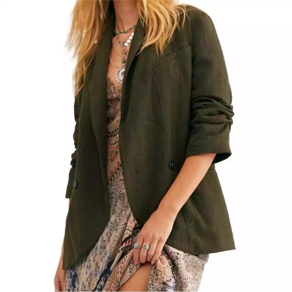 Free People Jackets & Blazers - Free People Deep Army Green Rowan Slubbed Cotton Blazer OB1112308 Size XL